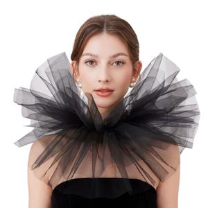 BEoneBEwin Victorian Tulle Ruffle Collar, Layered Mesh Neck Ruff, Elizabethan Renaissance Halloween Costume Accessory (Black)