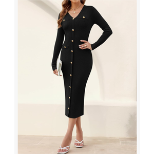 MIROL Women's V-Neck Bodycon Sweater Dress 2025 Fall Long Sleeve Button Down Knit Maxi Dress Elegant Long Dresses L