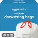 Amazon Basics Trash Bags, Tall Kitchen Drawstring, Unscented, 13 Gallon, 120 Count, Pack of 1