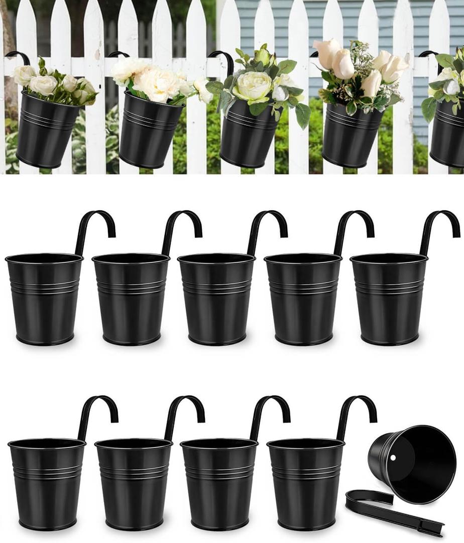 6 Inch Metal Railing Planter for Outdoor Plants - 10 Pack Balcony Hanging Planter Box with Detachable Hooks and Drain Holes Oval Hanging Pots Small Fence Planters for Railing Garden Fence, Black