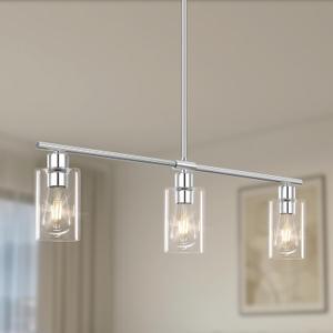Kitchen Island Lighting, 3 Lights Linear Chandeliers Rectangle Pendant Light Fixtures for Dining Room Farmhouse Hanging Light with Glass Shades (Chrome)