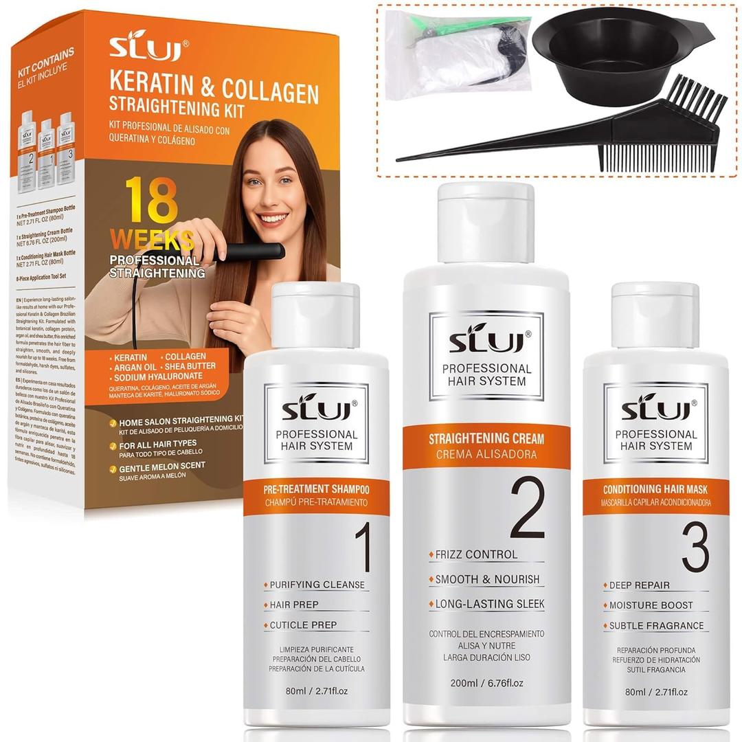 SLUJ Brazilian Keratin Treatment Kit at Home, Hair Straightening with Keratin, Collagen & Hyaluronic Acid, Up to 18 Weeks Frizz Control for Curly, Wavy, Frizzy Hair- Straightening Kit (Set)