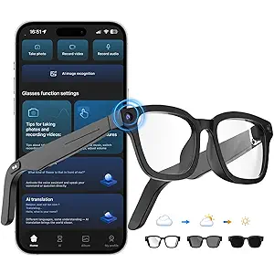 Oucscru AI Smart Glasses with ChatGPT, 8MP Camera Glasses with Camera and Audio, AI Translation Sunglasses with 164 Languages, Bluetooth Sunglasses with Voice/Calling, 8Hour Music, Photochromic Lens