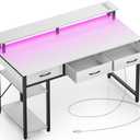 Rolanstar Computer Desk with Power Outlets & LED Light, 47 inch Home Office Desk with Drawers and Storage Shelves, Writing Desk with Monitor Stand, Modern Work Study Desk for Home Office, White