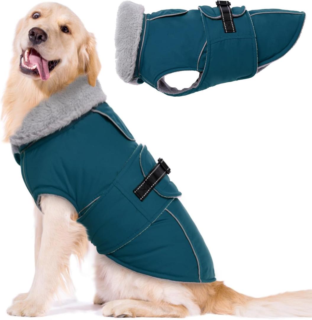 Lelepet Warm Dog Coats for Extra Large Dogs Waterproof Dog Winter Jacket Reflective Pet Fleece Vest Windproof Cold Weather Coats with Adjustable Buckle & Leash Hole, Dark Green, XXXL (3XL)