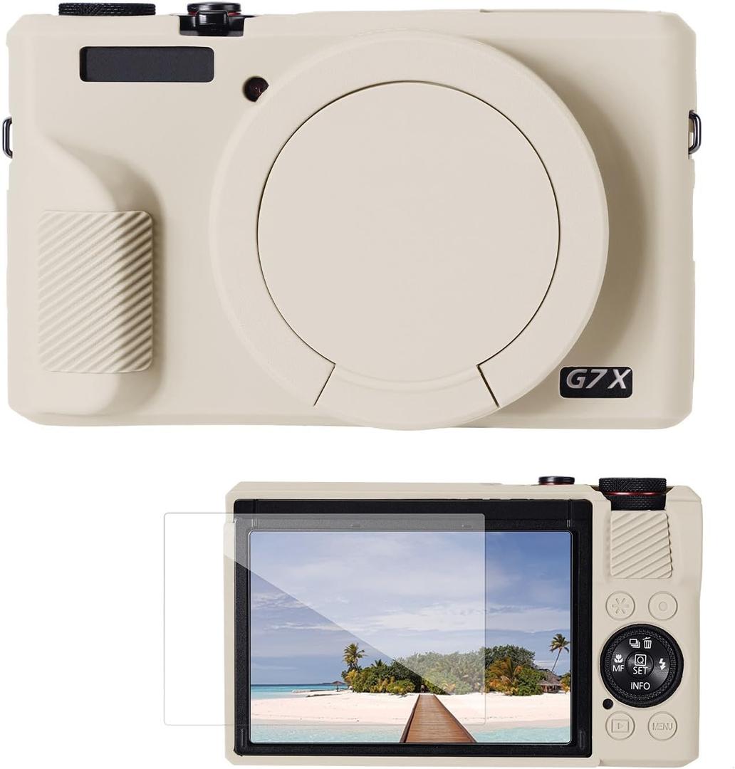 K&F CONCEPT Camera Case Compatible with Canon Powershot G7 X Mark III Digital Camera, Soft Silicone Protective Cover with Removable Lens Cover, Screen Protector - Beige