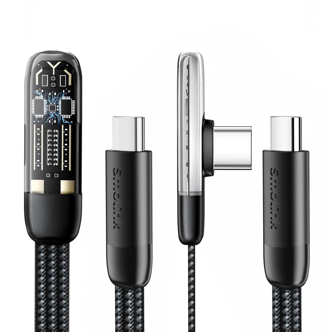 Smolink Right Angle USB C Cable, C to C Cable Fast Charging 100W 2-Pack 6FT, Flat Nylon Braided Type C Port 90 Degree USB C Cable for iPhone 16/15 Series MacBook Galaxy S24/S23/S22, iPad Pro, Black