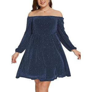Plus Size Mesh Cocktail Evening Party Dress for Women V Neck Long Sheer Sleeve Midi Formal Dresses, Navy Blue Glitter 18Plus