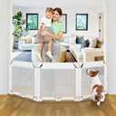27.5 Inch Tall Foldable Dog Gate Step Over Pet Gate, 27.5"-83" Wide Adjustable Width & Angle Expandable Gate, 3 Panel Foldable Baby Gate Small Dog Gate, Indoor Baby Fence Gate Mesh Puppy Gate, White