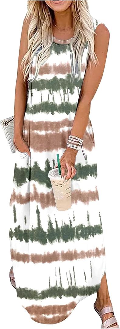 Summer Dresses for Women 2025 Beach Vacation Dress Boho Floral Sundresses Ladies Tropical Pockets Maxi Dress (Small, Tie Dye Striped 1)