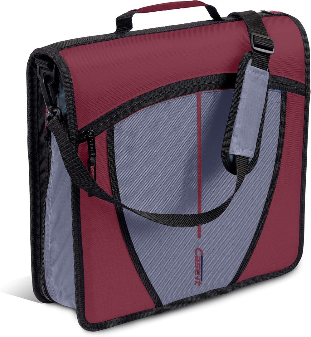 Case-it Mighty Zip Tab School Zipper Binder | 3-Inch O-Rings, 600-Sheet Capacity, 5-Subject Expanding File Folder, Multiple Pockets & Storage Organizer, Shoulder Strap | D-146 Red Burgundy