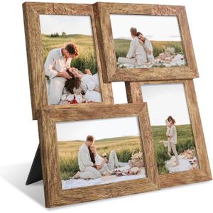 YESKAY 4x6 Collage Picture Frames Set of 1, Multi Family Photo Frame with Real Glass, Displays Four 4x6 Photo, Wall Decor Wall Hanging or Tabletop, Distressed Brown