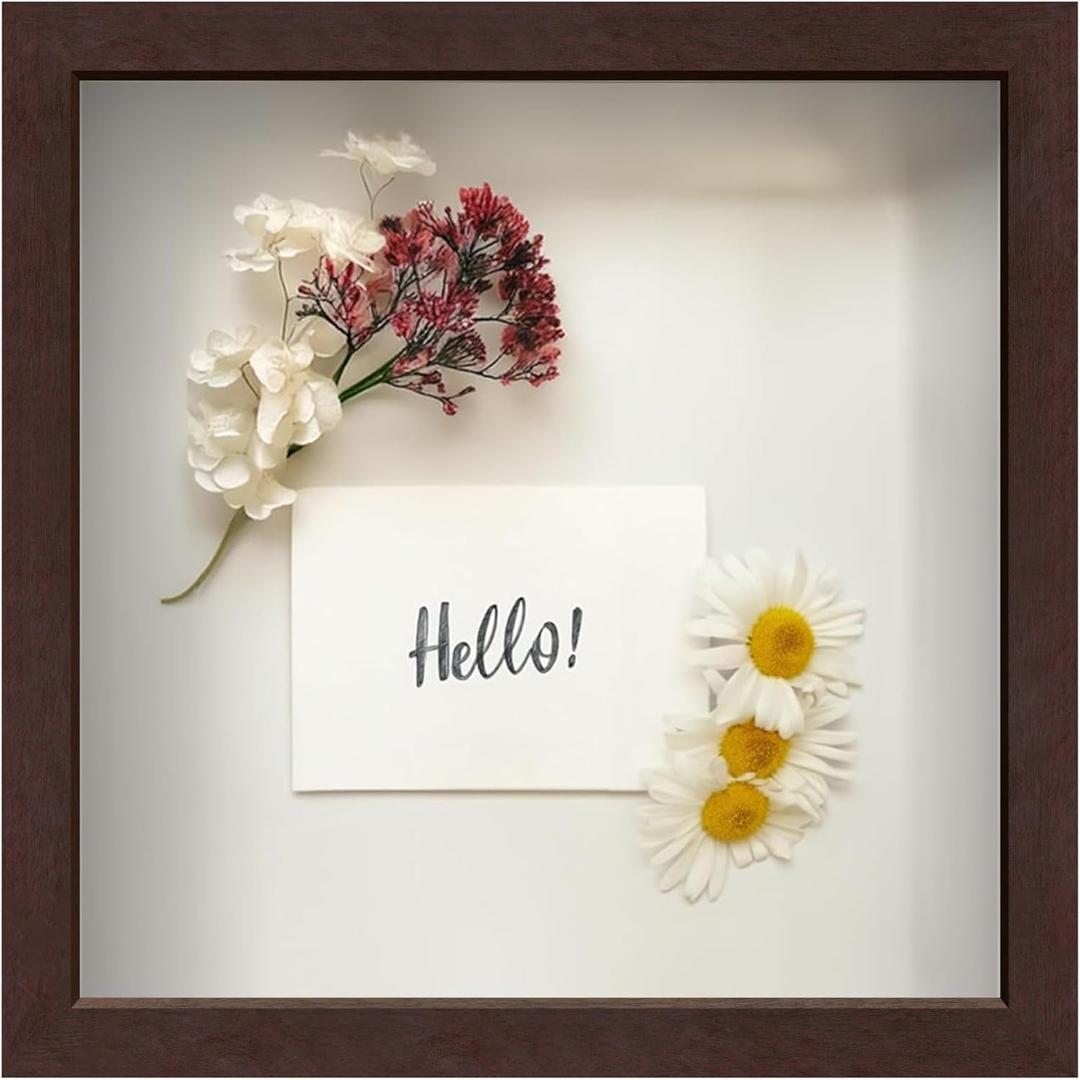 FrameWorks 11' x 11' Mahogany Wooden Shadow Box Frame Display Case with Soft Felt Back, Tempered Glass, Elegant White Ball Push Pins