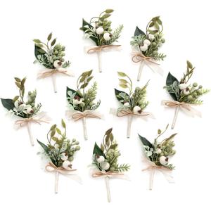 Ling's Moment Boutonniere for Men, 10pcs Groomsmen Guest Boutonniere, Artificial Flowers for Wedding Décor/Prom/Homecoming,etc.White Greenery Berry