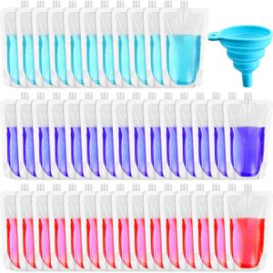 Patelai 50 Pieces Plastic Liquid Pouch Reusable Juice Pouches Travel Water Leak Proof Bags Bulk with Collapsible Silicone Funnel for Travel Outdoor (32 oz)