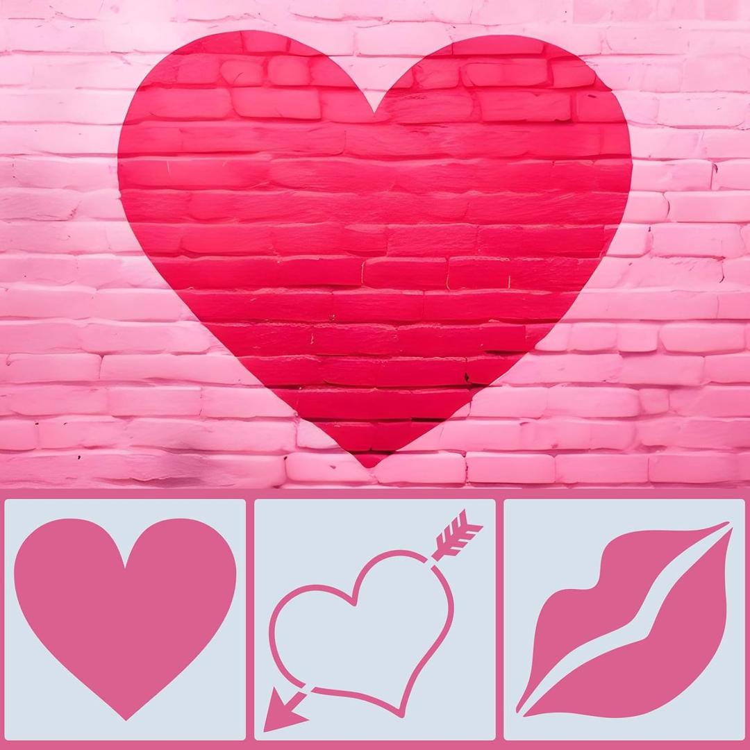 3 Pcs 24 x 24'' Valentines Large Heart Stencil for Painting on Wall Wood Stone Reusable Lips Heart Templates Love Stencils for Fabric Walls Paper Valentines Day Drawing Spraying Crafts