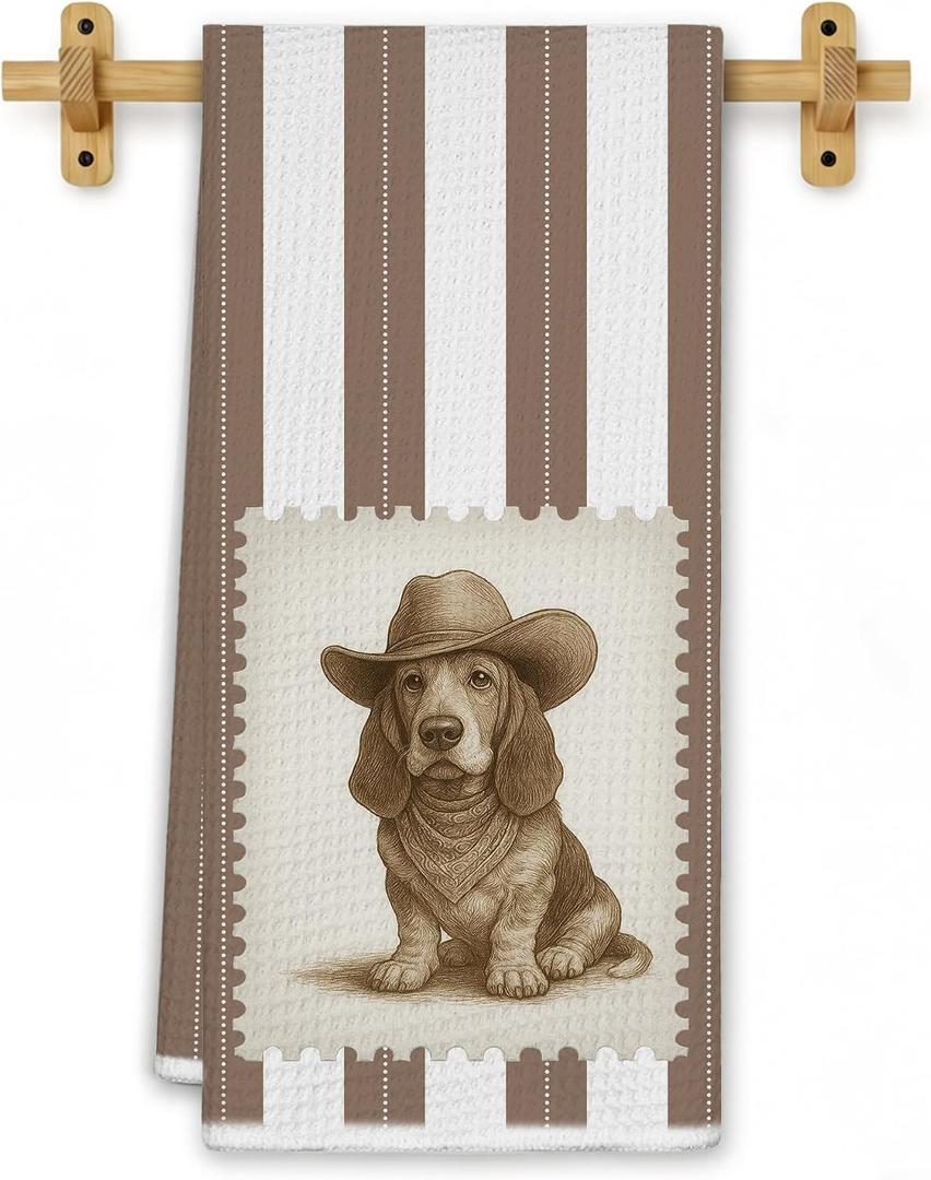 Western Basset Hound Dog Kitchen Towels, Basset Hound Gifts Hand Towels for Bathroom, Retro Preppy Brown Striped Cowboy Dog Dish Tea Towels for Kitchen Decor, 16x24 Inch