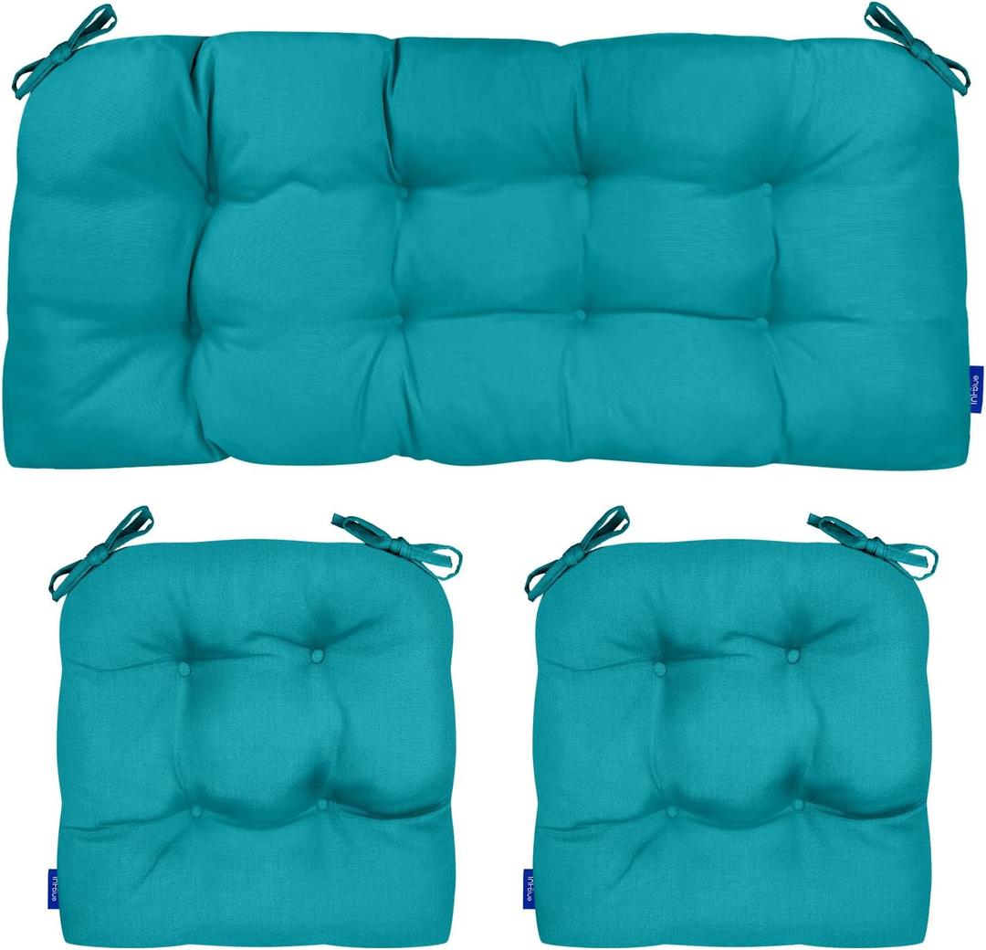 3 Piece Tufted Wicker Cushions for Patio Furniture, Outdoor Wicker Chair Cushions with Ties, Water-Repellent Wicker Furniture Cushions, 1 Loveseat and 2 U-Shaped Cushion Set (Aqua Green)