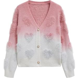 CHICWISH Women Cute Ombre Fuzzy Heart Button Down Cardigan V Neck Long Sleeve Soft Valentines Knit Sweater Coat Pink