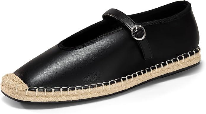 Coutgo Womens Espadrilles Mary Jane Flats Closed Sqaure Toe Ballet Flats Comfortable Dress Shoes, Black/PU, Size 8