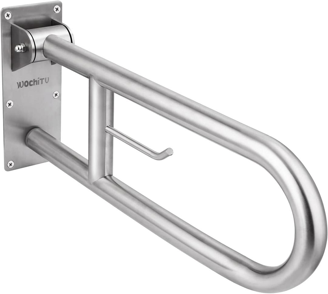 29.5 INCH Stainless Toilet Safety Rails, Disabled Flip-Up Bathroom Grab Bar with Paper Holder, Toilet Handrails Hand Grips Handle Shower Assist Aid, Wochi TV Handicap Grab Bars for Elderly