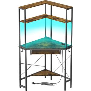 Corner Desk with Hutch and LED Lights, Corner Computer Desk with Keyboard Tray and Monitor Stand, Small Computer Desk for Small Spaces, Home Office（Rustic Brown）