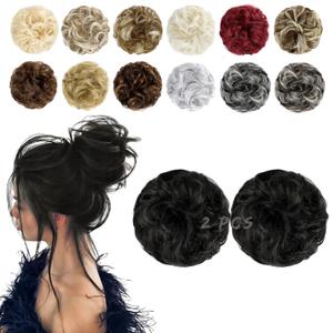 2 PCS Messy Bun Hair Piece Wavy Curly Scrunchies Synthetic Chignon Ponytail Hair Extensions Thick Updo Hairpieces for Women Girls(Natural Black)