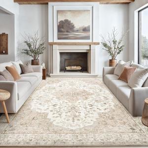 AMADA HOMEFURNISHING 8x10 Washable Area Rug, Low-Profile Large Area Rug with Non-Slip Backing & Durable Edge Binding, Vintage Large Rugs for Living Room, Bedroom, Dinning Room (Beige/Ivory)