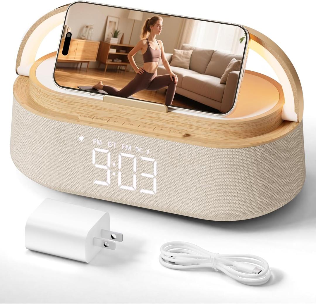 Alarm Clock Bedrooms with Wireless Charger Bluetooth Speaker FM Radio Light | 6 in 1 Digital Alarm Clocks with Dimmable Night Light, Snooze, Dimmer 12 24H, 2500mAh battery for Home Office, Ideal Gift