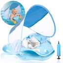 Baby Pool Float with UPF50+ Sun Protection Canopy, Inflatable Baby Float with Adjustable Safety Seat for Toddler from 3 to 12 Months, Baby Swim Float with Dual Air Chambers for Boys GirlsSmall, Blue