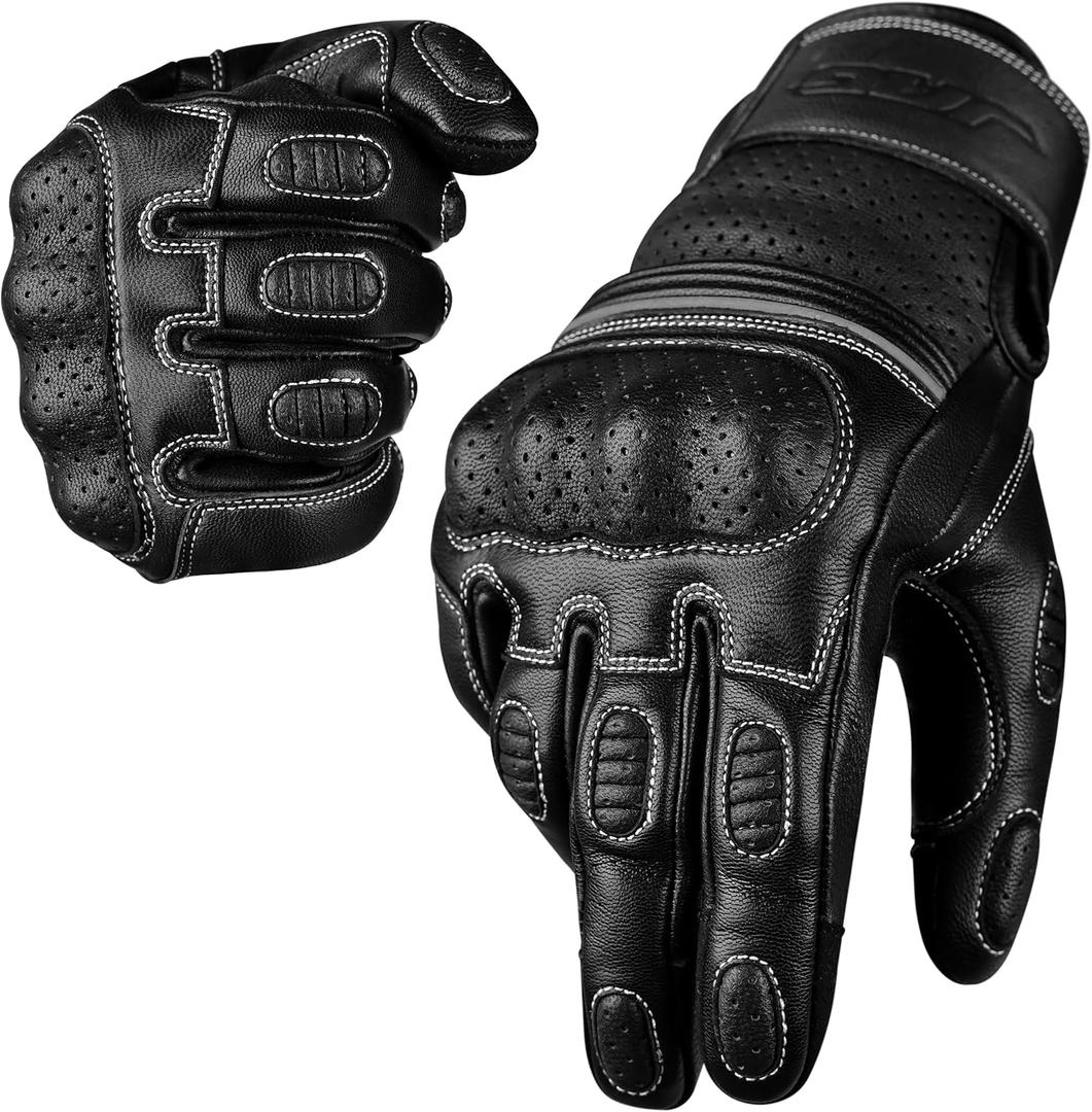 J.A.G. Motorcycle Gloves - Premium Leather Perforated Motorcycle Gloves for Men with Knuckle Protection | Touchscreen Motorbike Riding Gloves Large