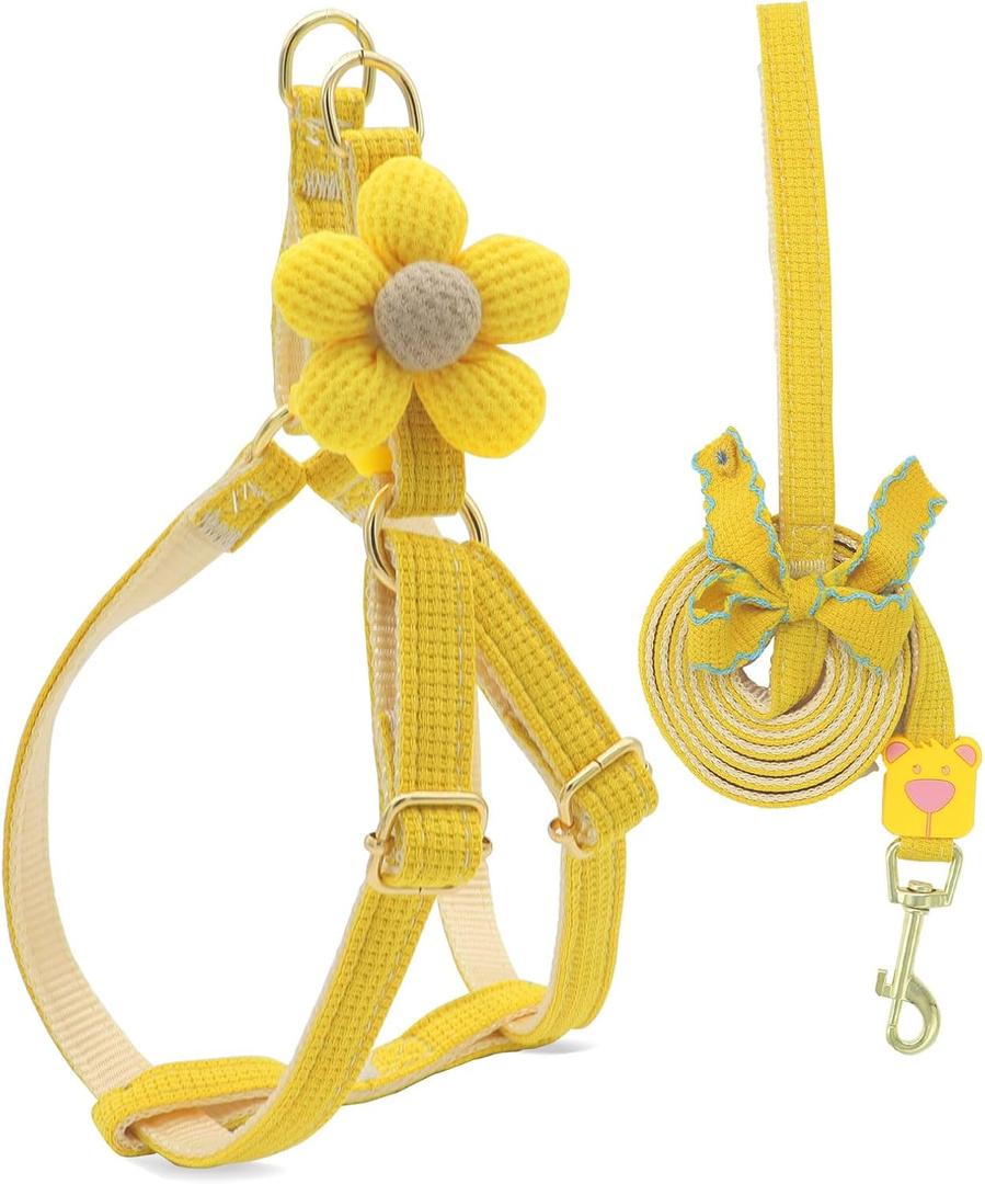 PETCARE Cute Flower Dog Harness and Bowtie Leash Set Easy Walk Puppy Dog Halter Harness for Dogs Girl Step in Dogs Harnesses with Buckle (Yellow, Chest Adjustable 11"-17", Rope Width 0.59") M