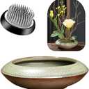 Ikebana Vase Kit, Ceramic Flower Frog Vase with Stainless Kenzan Flower Frog Vase, Japanese Ikebana Flower Arrangement Pot for Floral Displays, Moss & Hydroponic Plants, Zen Decor Gift (Green Small Size)