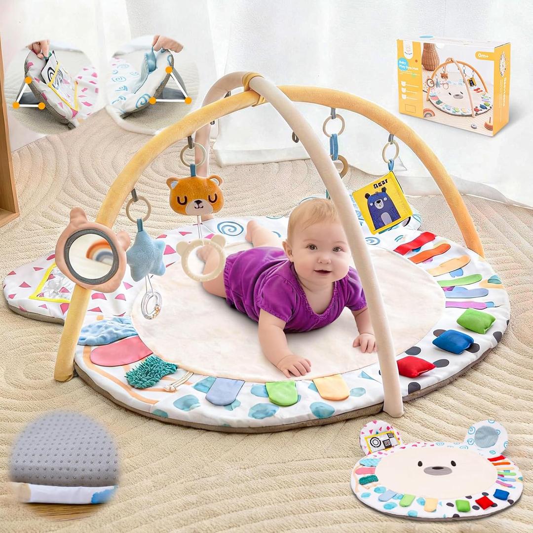 Baby Play Gym, Thickened and Non Slip Activity Mat, 5 Developmental Zones Tummy Time Mat with 5 Detachable Sensory Toys for Motor Skills, Baby Essentials Shower Gift Box (Bear)