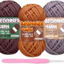3 Pack Beginners Crochet Kit - Chocolate Brown, Grey, Caramel Yarn for Crocheting & Knitting, Easy-to-See Stitches, Chunky Thick Bulky Cotton Soft Yarn (3x50g)
