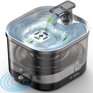 Wireless Cat Water Fountain Cordless with External Pump, 5000MAh Battery Operated, 68oz Rechargeable Automatic Pet Cat Fountains for Drinking with Motion Sensor, Quiet Pump(1 Filter) (Transparent Black)