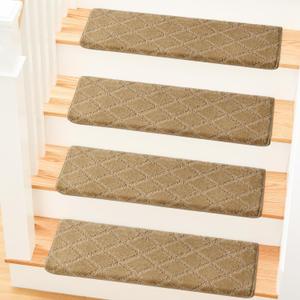 MBIGM Bullnose Non-Slip Stair Treads with Reusable Adhesive (14 Pack) 9.5" x 30" Wooden Steps Protection -TPU Backing with Steel Reinforcement - Stair Treads Bullnose for Wooden Steps - Diamond, Camel