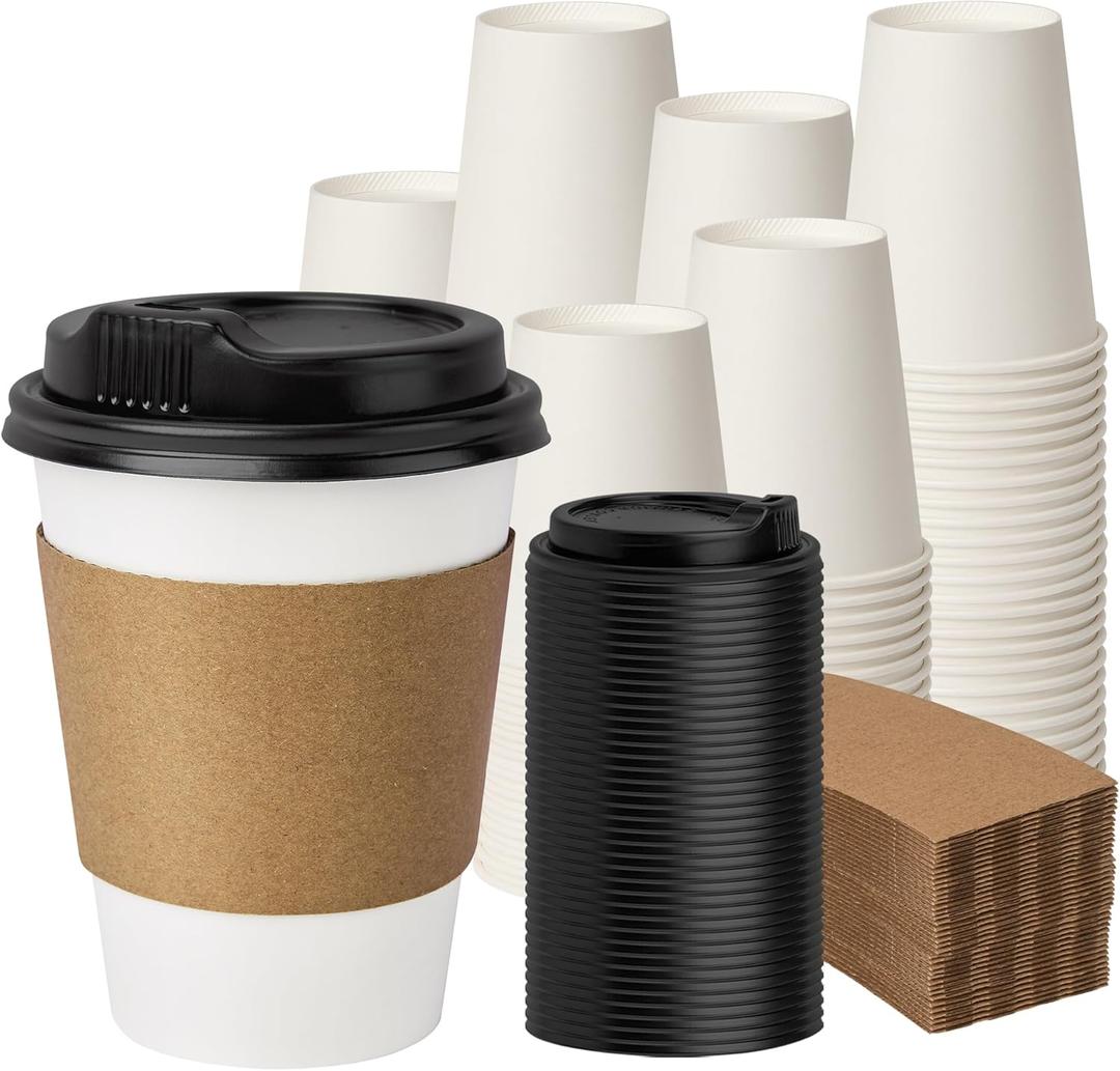 12 oz 100 Pack Disposable Coffee Cups with Lids and Sleeves, Coffee Paper Cups with Lids, To Go Beverage Drinking Cup for Coffee, Tea (White)
