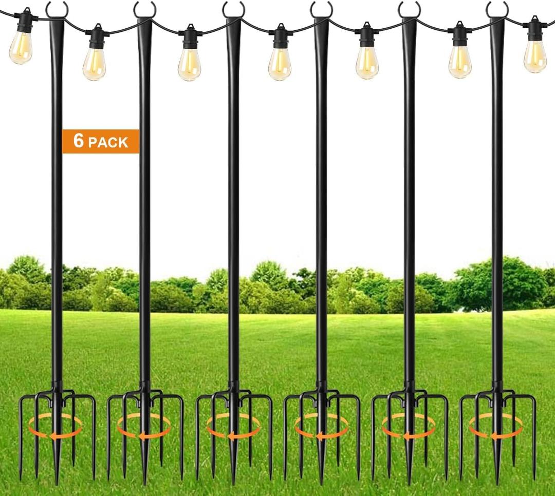 6 Pack 9FT String Light Poles for Outdoor, Metal Lights Hanging Pole Outside with Fork, Light Stand for Patio, Pergola, Garden, Backyard, Yard, Camping Party