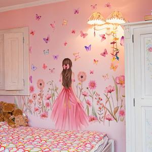 Butterfly Wall Stickers for Kids, Wall Decals Pink Floral Wall Art for Cartoon DIY Removable Girls Home Decor, W11.8"×H35.4"