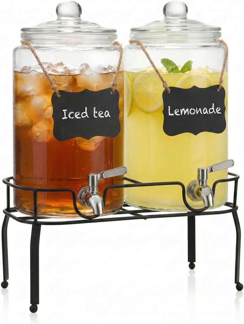 1 Gallon Glass Drink Dispenser Set of 2, Drink Dispensers for Parties, Beverage Dispenser with Stand, Glass Lid, 100% Leakproof Spigot, Ideal for Lemonade, Juice, Iced Tea, Laundry Detergent Dispenser