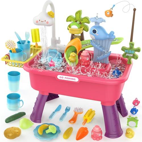 4-in-1 Electric Water Table Toy for Toddlers 1-3,Color Changing Kitchen Play Sink Toys with Running Water for Kid with Water Pump,Animals, Food, Tableware,Pretend Role Birthday Toy for Boy and Girl