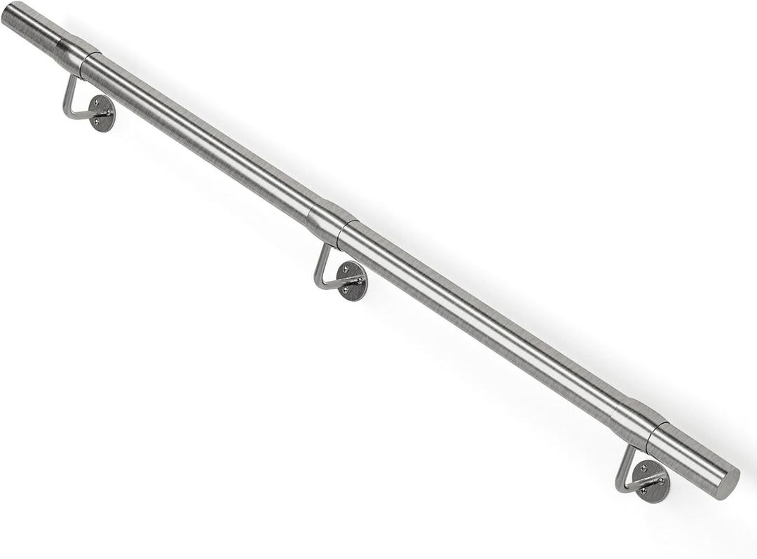 6Ft Industrial Metal Stairs Handrail Kit, Sturdy Wall Mount 304 Stainless Steel Hand Rail, Indoor Outdoor Stair Railing Wood Concrete Brick Wall,1.65 in Round Pipe Grab Bar, Silver