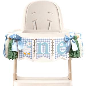One Funny Goose High Chair Banner - One Silly Goose Birthday Highchair Banner,Blue Gingham Style 1st Birth Yarn Tassel Banner for Boys