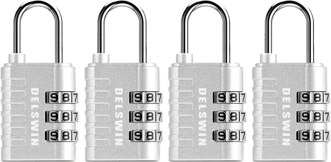 3-Digit Small Combination Lock for Locker - 4 Pack Resettable Luggage Locks for Travel Backpack Suitcase - Gym Employee Locker Lock Combo Padlock (Sparkling Silver)