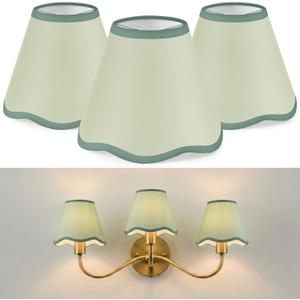 VIHOSE 3 Pack Chandelier Lamp Shades Mini Scalloped Bell Shade With Petal Edges 2.9" Top x 5.9" Bottom x 5.1"High Fabric Lampshade Clip On Bulb For Table Wall Living Room Bedroom Easy Assembly (Green)