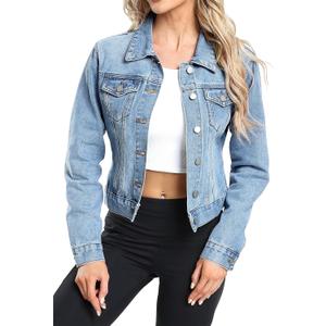 andy & natalie Women's Denim Jackets Cropped Long Sleeve Basic Button Down Crop Jean Shacket with Pockets (M)