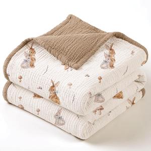 lulumoon Muslin Baby Blanket Neutral: 4-Layer Soft Cotton Toddler Blanket for Daycare with Bunny- Ideal for Baby Stroller & Tummy Time 47"x47" (Brown Bunny)