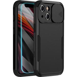 iPhone 13/14 Heavy Duty Case with Camera Slide Cover, Screen Protector & Wireless Charging Compatibility for 6.1 inch iPhone, Black