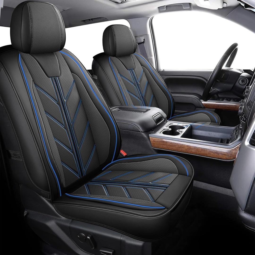 Pickup Seats Covers Compatible with Chevy Silverado 1500 GMC Sierra 2007-2024 Custom Trail Boss High Country LT LTZ SSV Waterproof Leather Seat Covers,(Blue_Line)